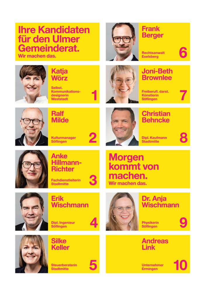 Kandidaten Plätze 1-10, für den Ulmer Gemeinderat zur Kommunalwahl am 9. Juni 2024