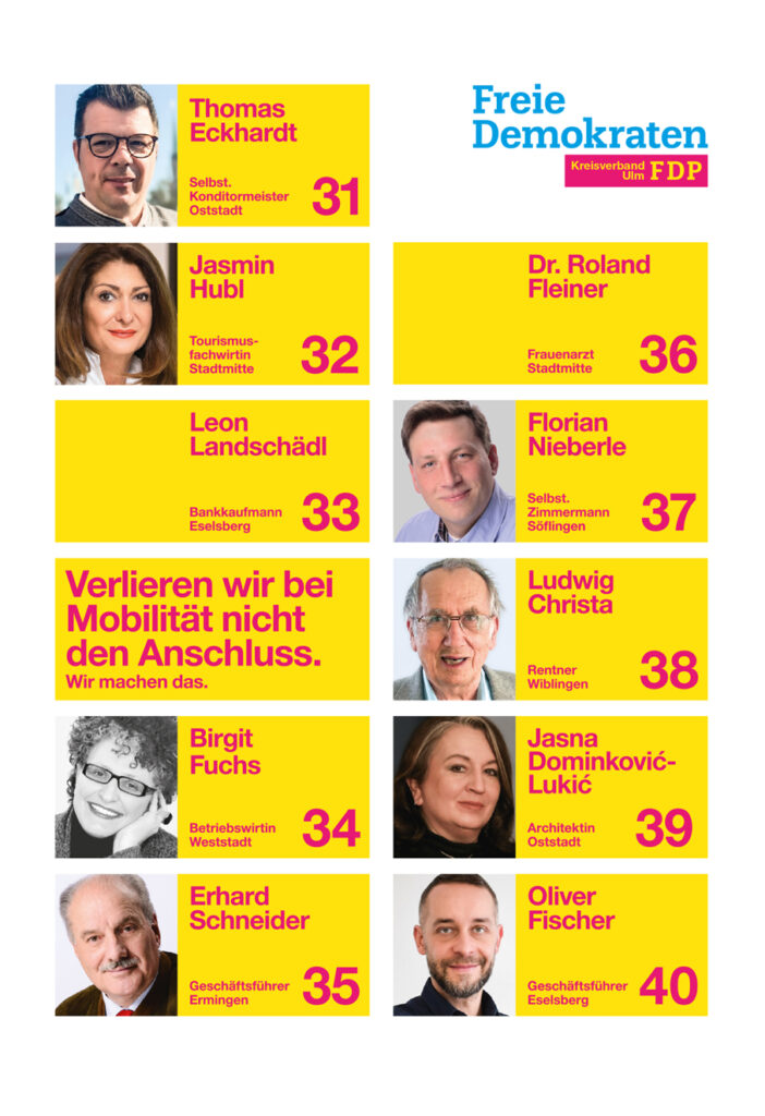 Kandidaten Plätze 31-40, für den Ulmer Gemeinderat zur Kommunalwahl am 9. Juni 2024